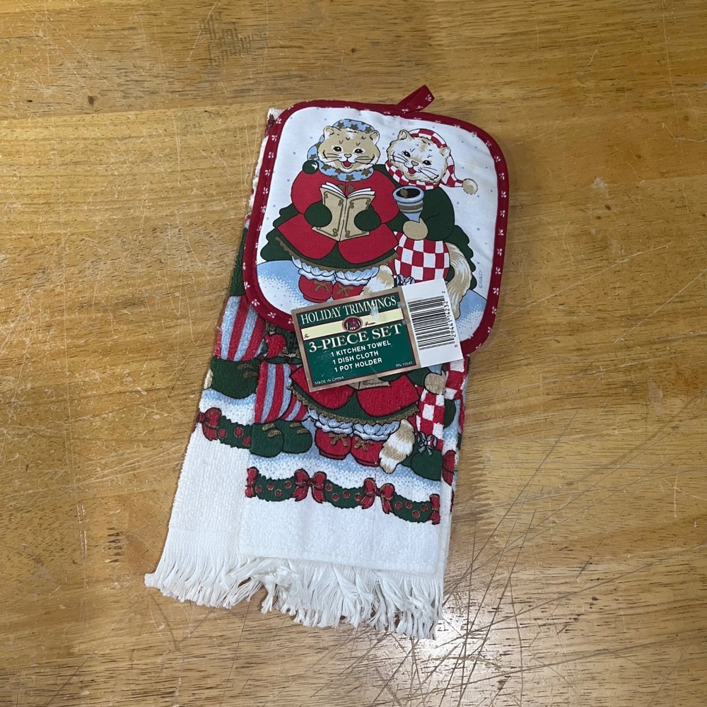 Vtg Holiday Trimmings Caroling Cats 3pc Kitchen Towel Dish Cloth Pot Holder Set